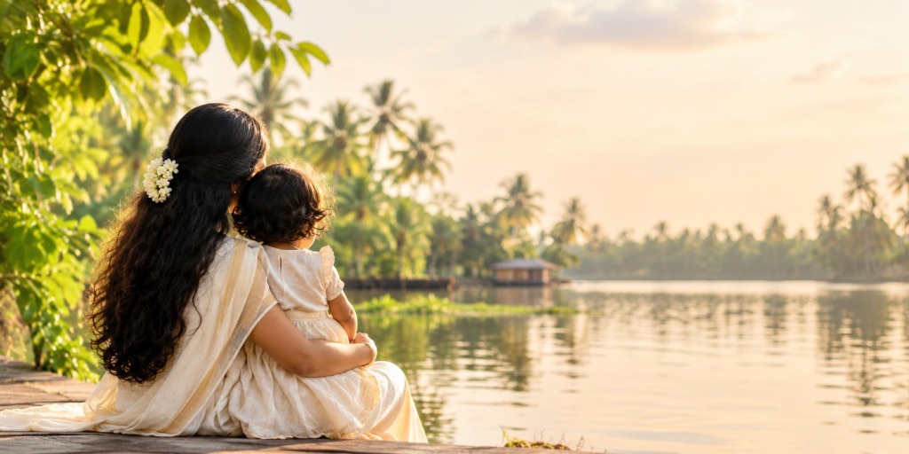 Mother and child by Kerala backwaters